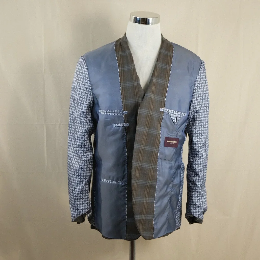 Johnston & Murphy Large Sport Coat 100% Wool Brown Plaid Two Button Double Ventd